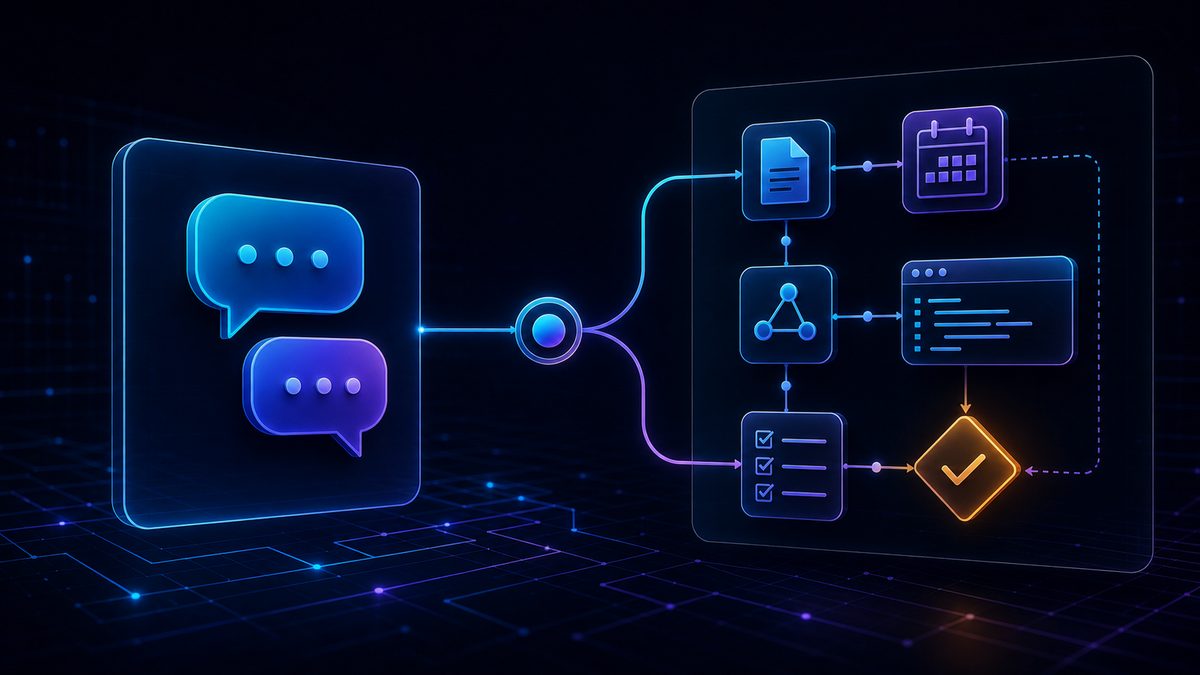 Glowing chat bubbles branch into a bounded workflow of files, tools, code, and an approval checkpoint.