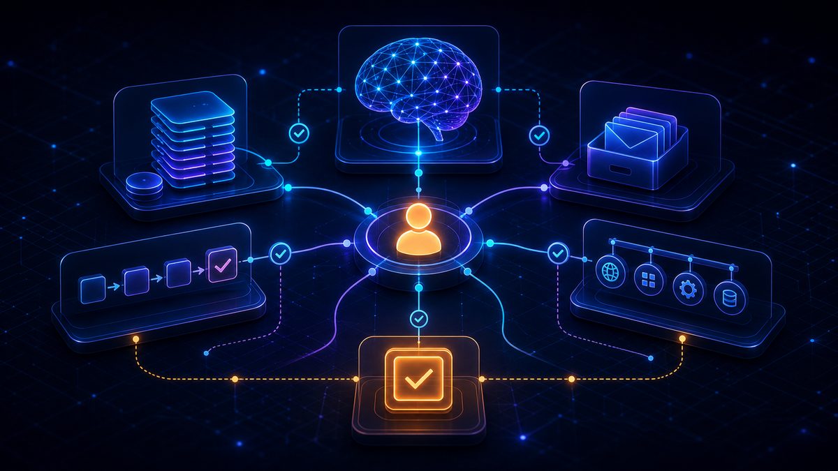 A human at the center of a modular AI system connecting memory, reasoning, a limited secretary, specialized adapters, tools, approval gates, and verification checks.