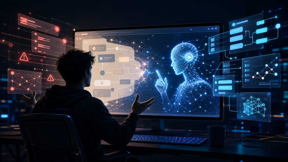 A builder argues with a glowing AI critique system across a large computer screen filled with abstract workflow panels and warning signals.